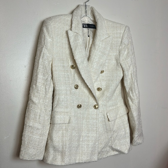 Zara Double Breasted Embossed Tweed Tailored Fit Ecru White Blazer Jacket - Picture 9 of 16